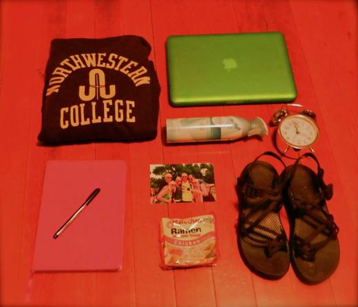 The college essentials. Note the vintage sweatshirt from my parents' college days.